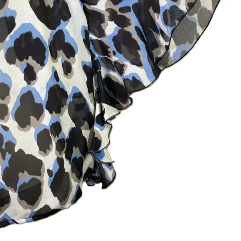 Robert Cavalli Blue Black Leopard Print Silk Blouse Bell Sleeve Sheer Size XS - Picture 6 of 13